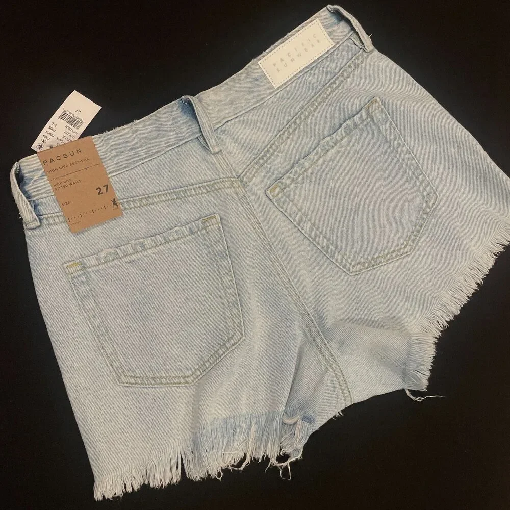 ~ NEW PacSun 27 Denim Festival Shorts Boho Acid Wash Rip Button High Waist Blue